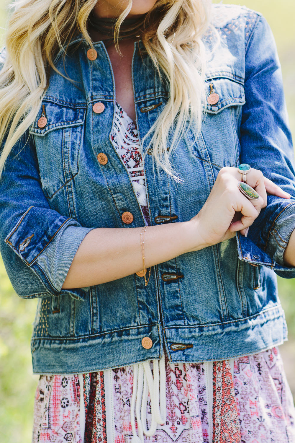 Dash of Darling styles a Lucky printed cotton dress with a denim jacket for summer.