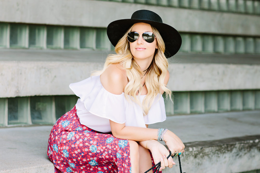 Dash of Darling wears a Spell Designs bohemian maxi skirt with a Show Me Your Mumu Off Shoulder top and a Janessa Leone boater hat.