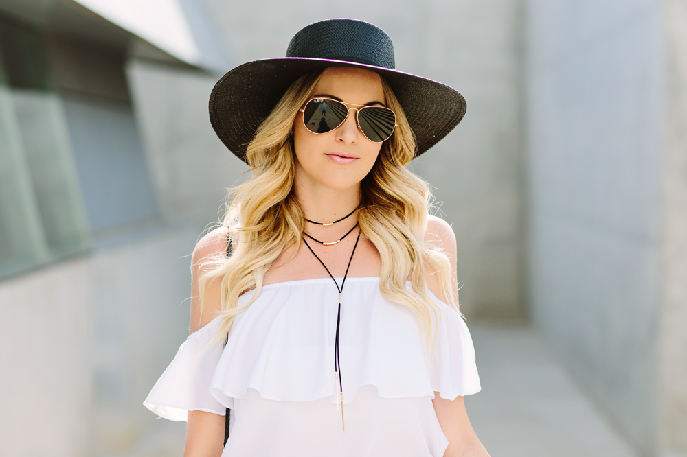 Dash of Darling styles the Janessa Leone Jalk fedora with a Show Me Your Mumu white off shoulder top and a black leather choker for a summer outfit.