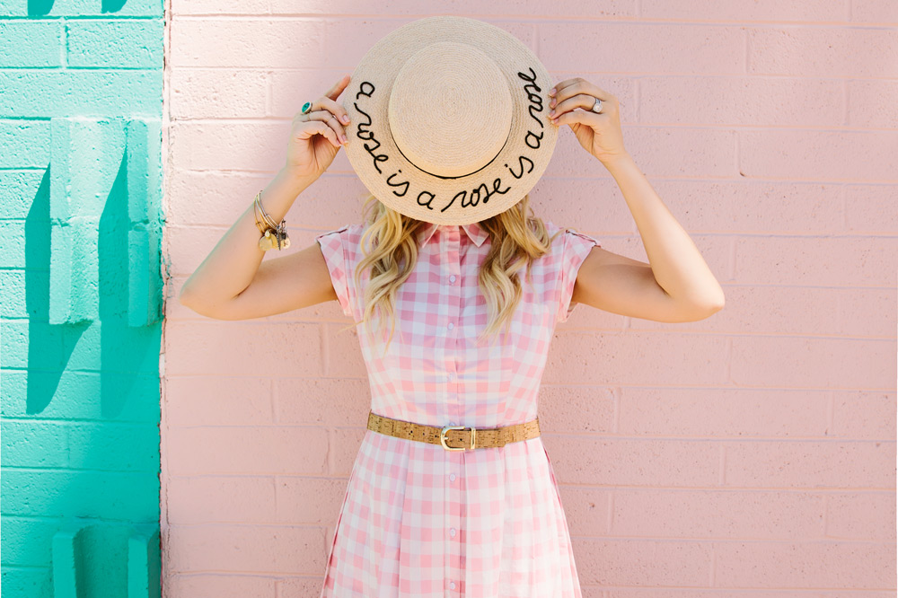 Dash of Darling styles an Eliza J gingham pink checkered poplin dress from Nordstrom with an Eugenia Kim straw boater hat 