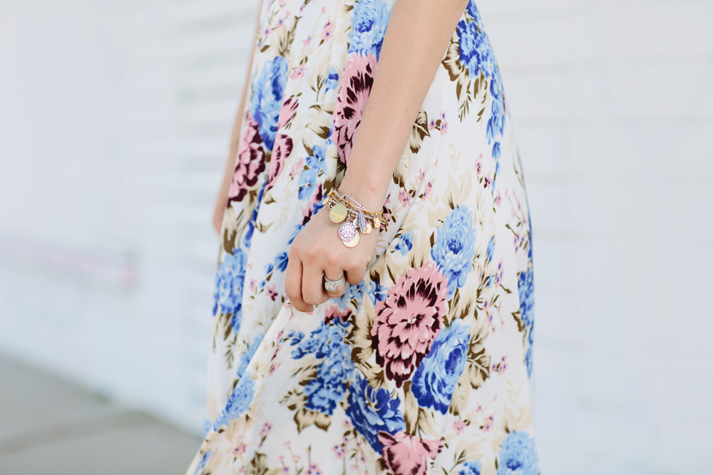 Dash of Darling styles an off shoulder floral maxi dress by Auguste from Revolve with Alex and Ani charm bangles for the perfect bohemian summer outfit.