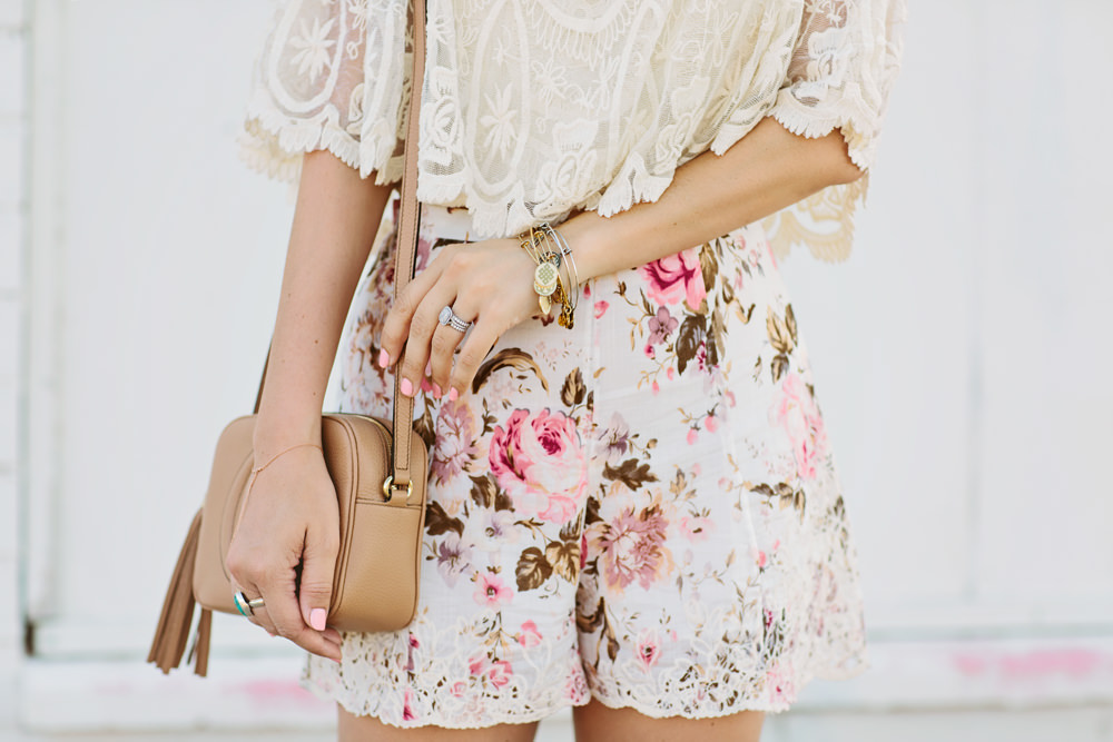 Dash of Darling styles Zimmermann floral lace trim shorts with a Jens Pirate Booty lace off shoulder top and a Gucci Soho Disco cross body bag.