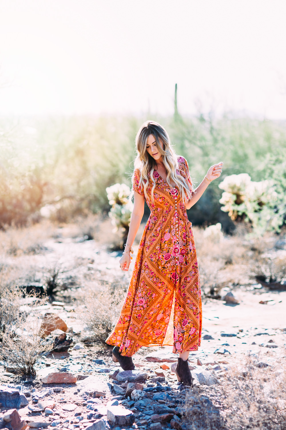 Dash of Darling styles a bohemian vintage floral print button-front maxi dress in the Arizona desert for a simple summer look.