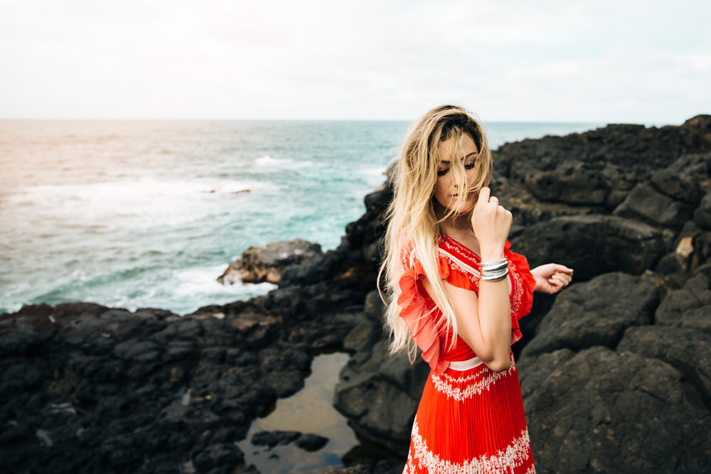 Dash of Darling wears a red Self Portrait maxi dress at Queens bath in Kauai, Hawaii while staying at the St. Regis Princeville Resort.