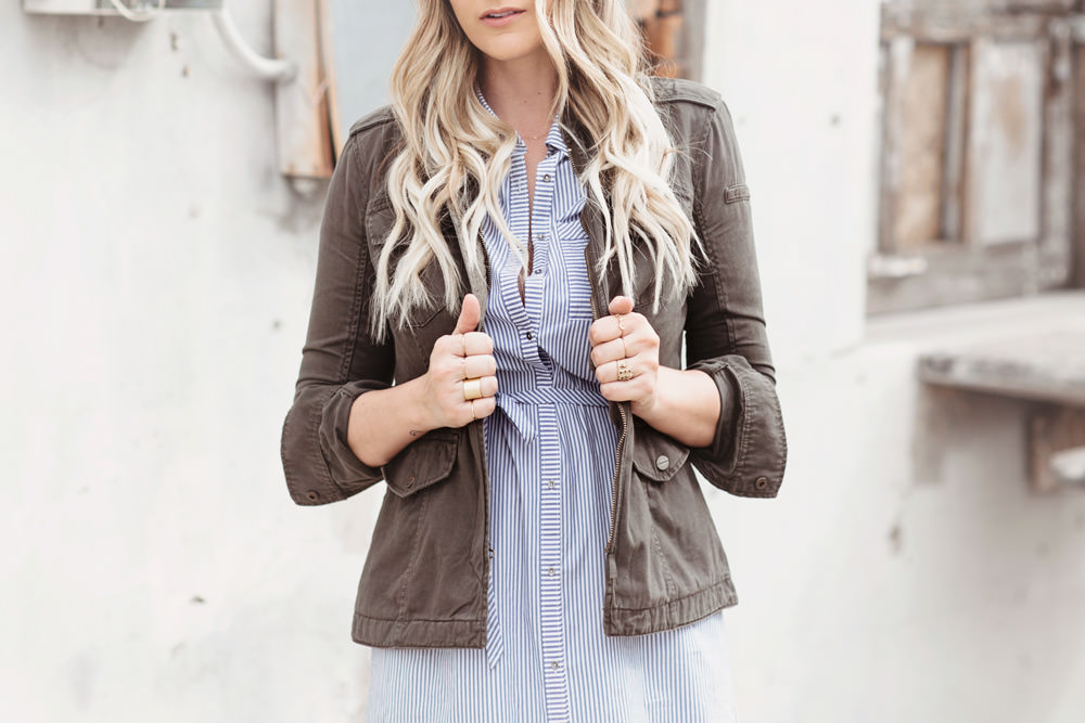 Dash of Darling shares three layering combos for spring including stripes and a military-inspired jacket from abercrombie & fitch.