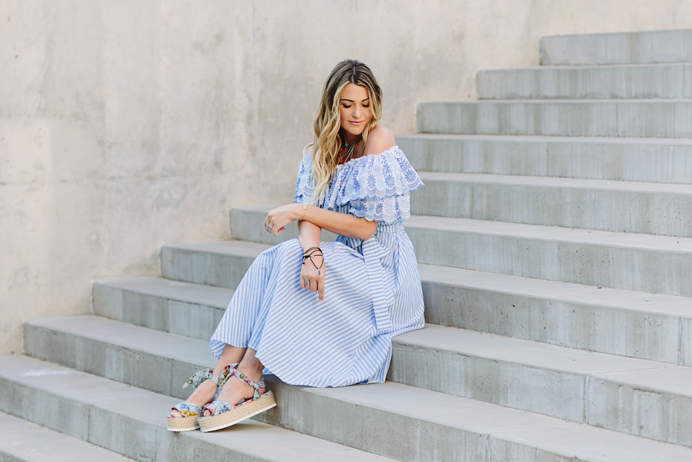 David Yurman's new playful Bel Aire Collection styled with a Gul Hurgel stripe ruffle off shoulder dress by Arizona blogger Dash of Darling.