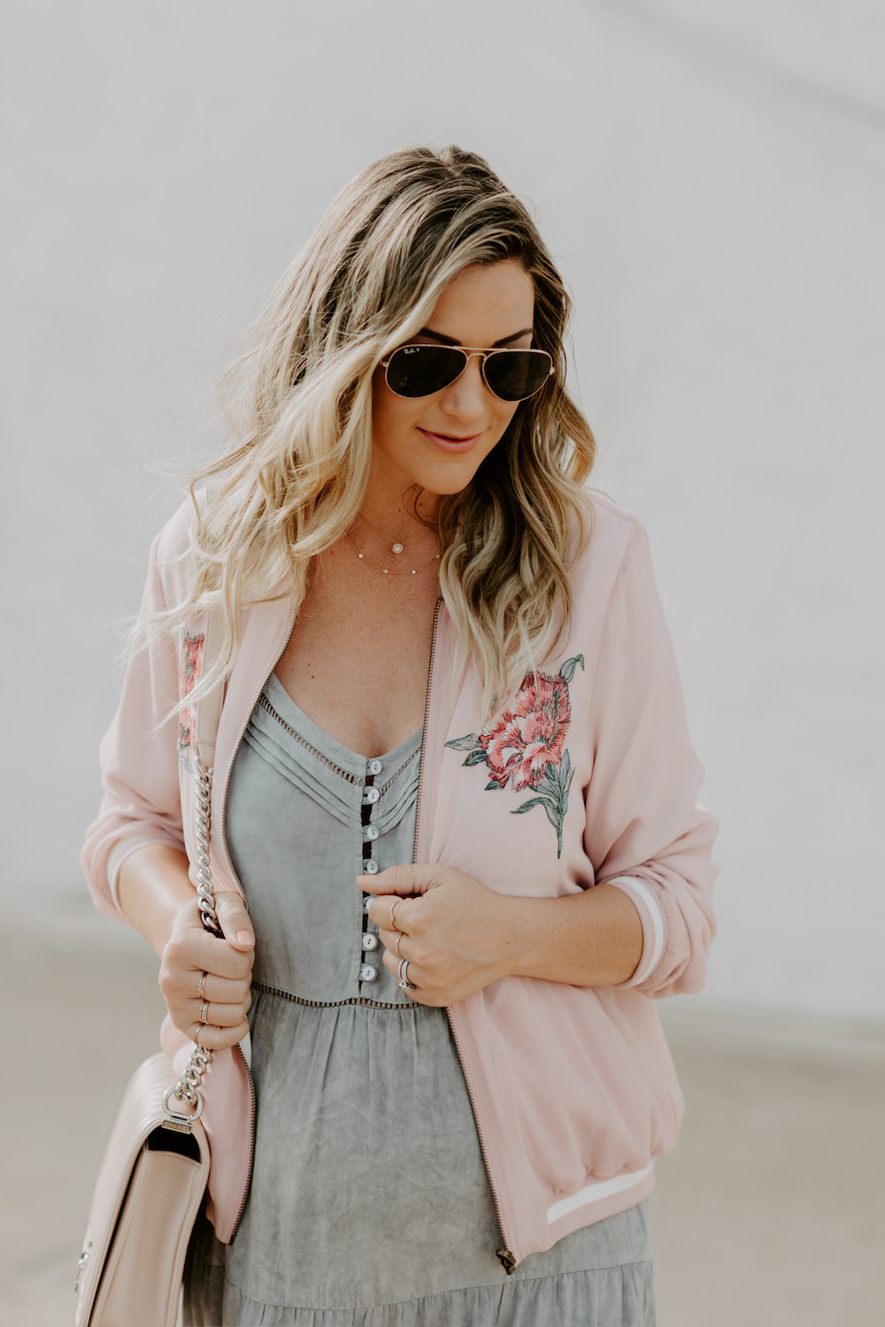 Dash of Darling | Pink Bomber Jacket and Grey Dress Summer Outfit