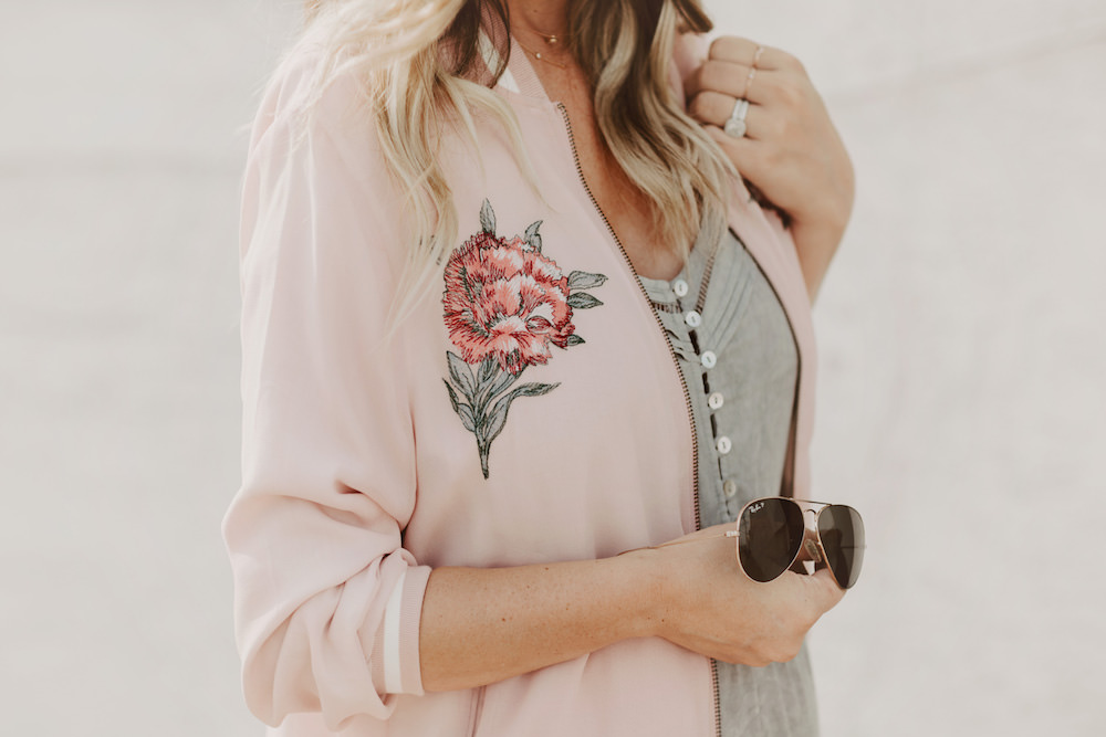 Dash of Darling | Pink Bomber Jacket and Grey Dress Summer Outfit