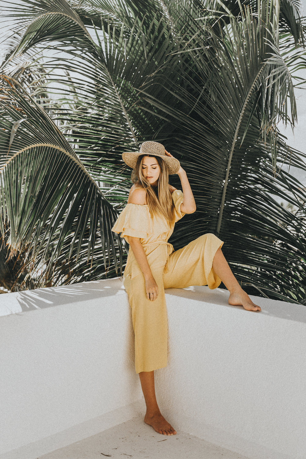 Dash of Darling | Yellow off-shoulder jumpsuit for a tropical vacation