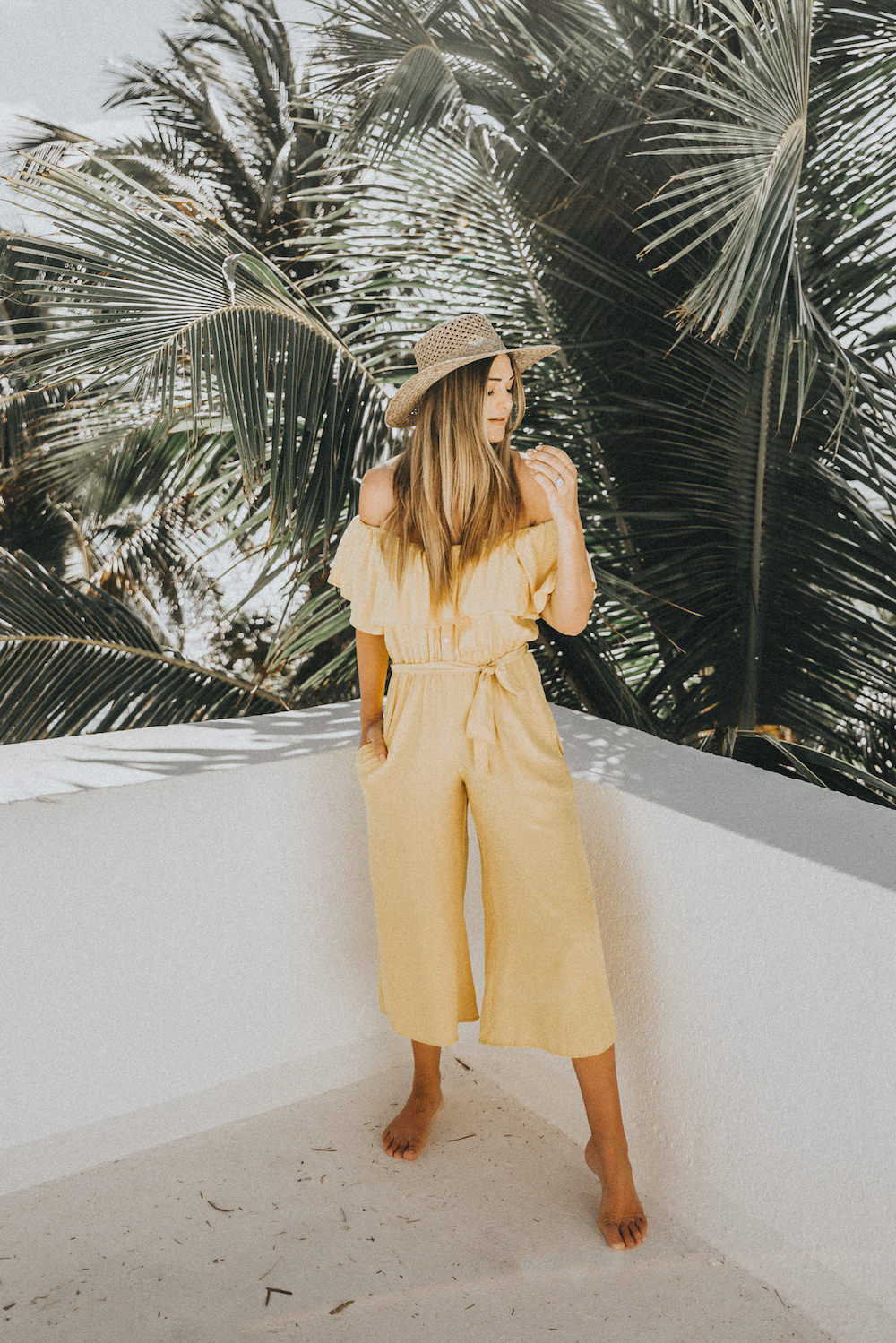 Dash of Darling | Yellow off-shoulder jumpsuit for a tropical vacation