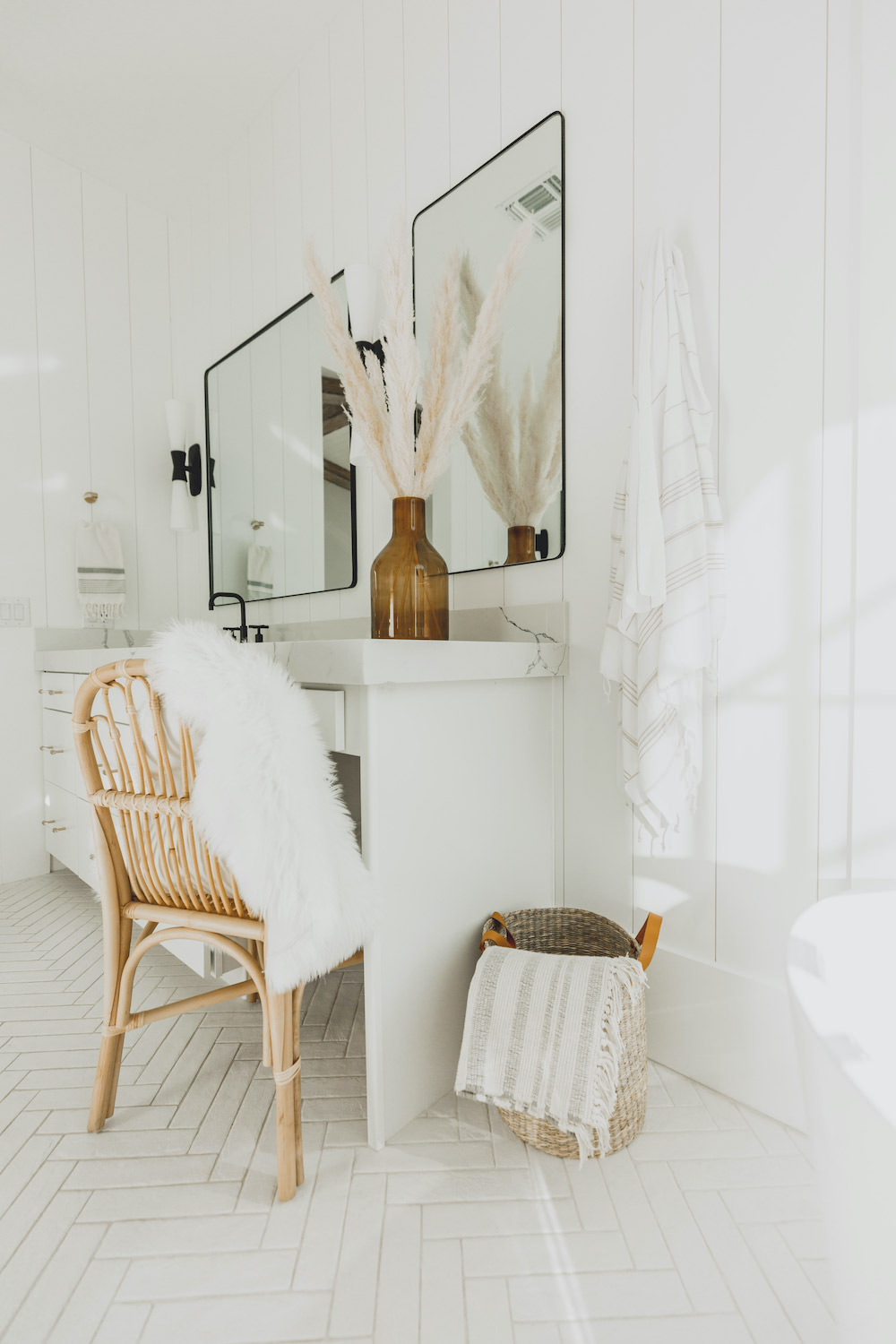 Dash of Darling | Modern Bohemian Bright White Master Bathroom Black Grid Shower